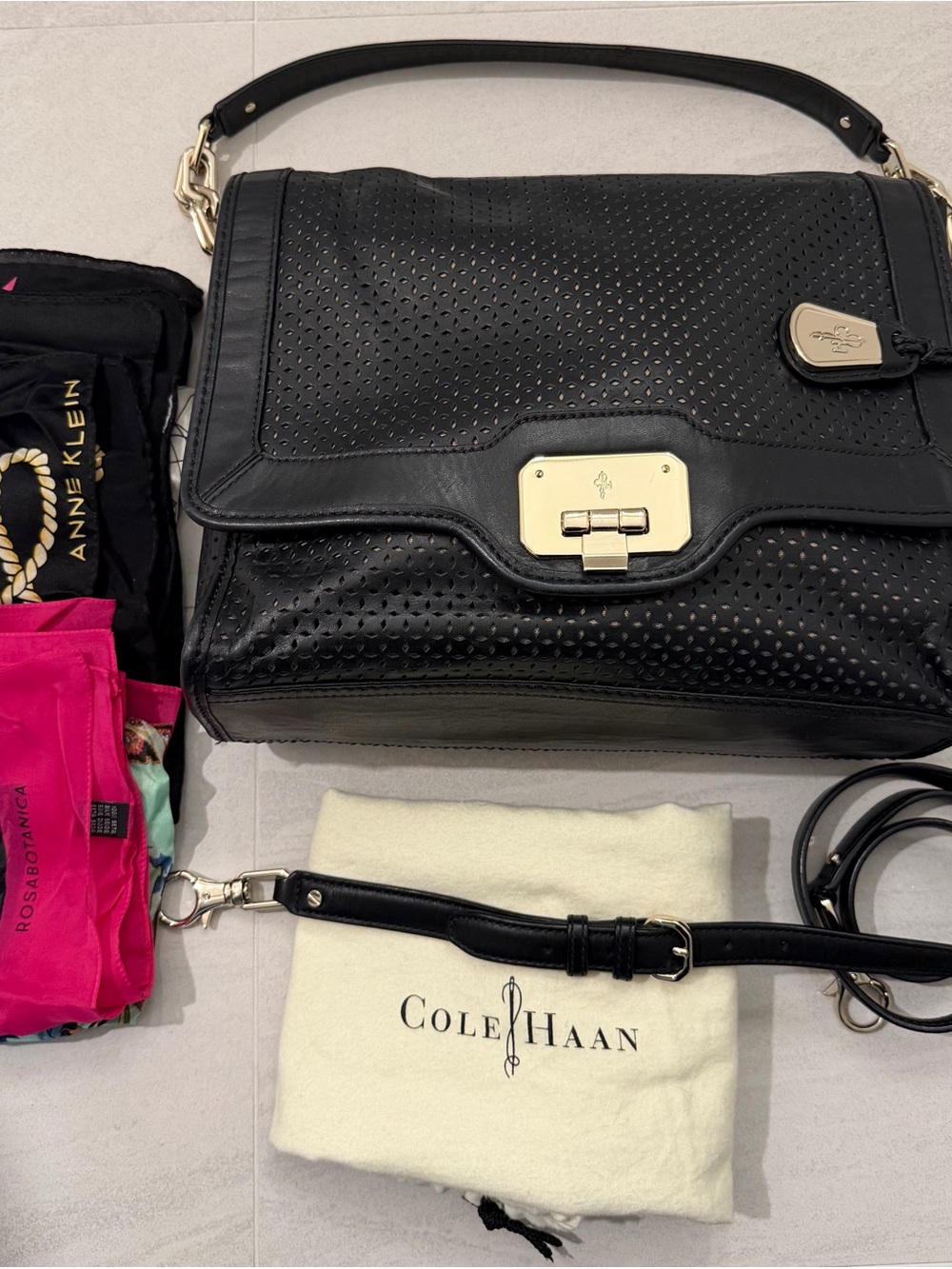 Cole Haan Perforated Leather Top-Handle Shoulder Bag with Gold Hardware